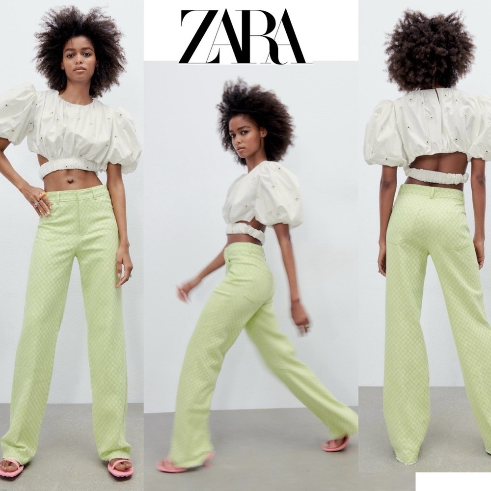 Zara lime green gingham checkered straight leg high waisted pants Sz S NWOT